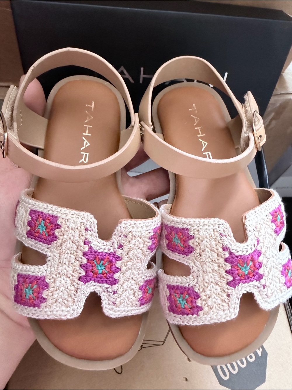 Tahari Beige Crochet Sandals with Pink and Turquoise Accents